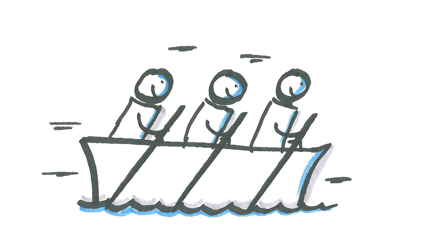 Zeichnung von drei Personen in einem Boot